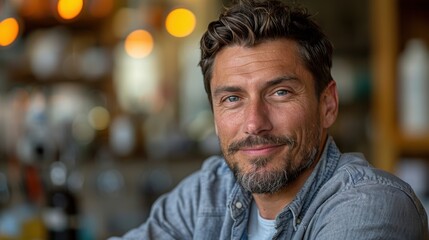 Obraz premium Man with a beard smiles warmly at a cozy café during the afternoon