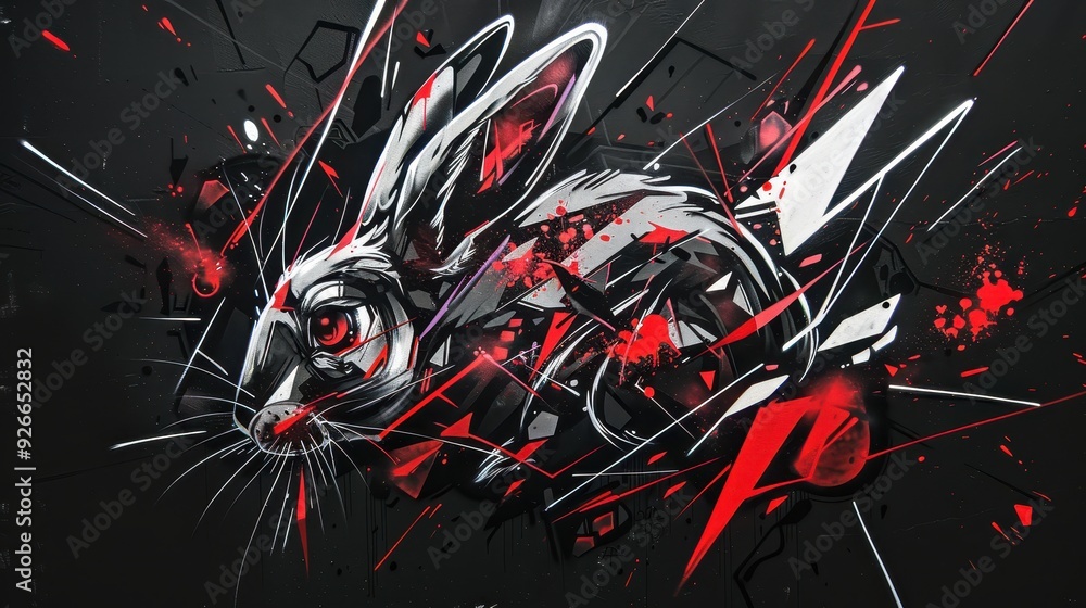 Poster stylized representation of a rabbit, characterized by dynamic, abstract elements and a color palette