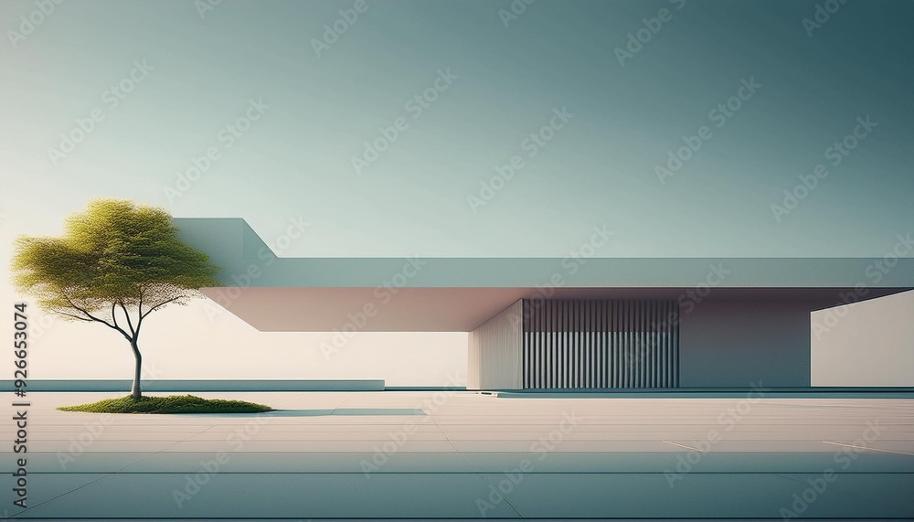 Poster minimalist architecture with a tree in the foreground