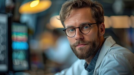 A man with glasses working at a computer desk in a modern office environment during the daytime