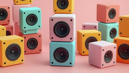 Colorful cube speakers on pink background.