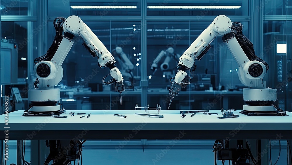 Poster two robotic arms on a table in a lab.