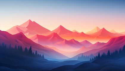 Fototapeta premium Mountains with sunrise backdrop, flat design, side view, peaceful theme, 3D render, Triadic Color Scheme
