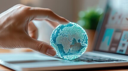 A hand holds a glowing globe representing digital connectivity over a laptop, symbolizing technology and innovation.