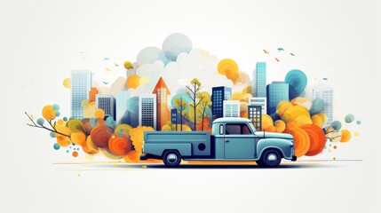 Naklejka premium Moving car illustration flat design side view busy street cartoon drawing Triadic Color Scheme