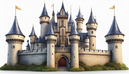 On a white BackgroundA realistic rendering of a medieval castle with a large tower and several smaller towers.