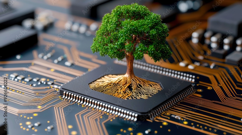 Poster a symbolic tree growing from a microchip, representing the fusion of nature and technology in modern
