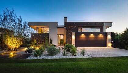 Obraz premium Modern House Exterior with Landscaped Garden and Lighting