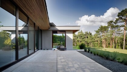 Modern House With Large Windows And A Concrete Patio
