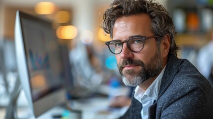 Fototapeta premium Professional man working at a computer in a modern office environment during the day