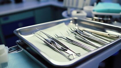 Dental tools arranged on a metal tray.