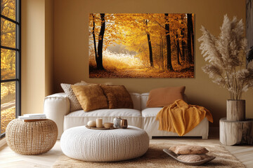Modern Living Room with Sofa and Wall Art in Rich Brown, Golden Yellow, and Warm Beige Palette