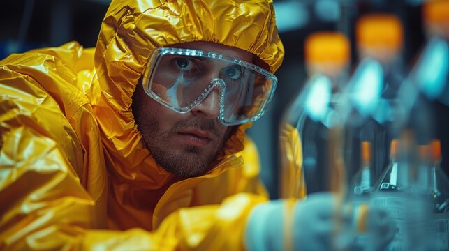 Scientist in protective gear conducting experiments in a laboratory at night