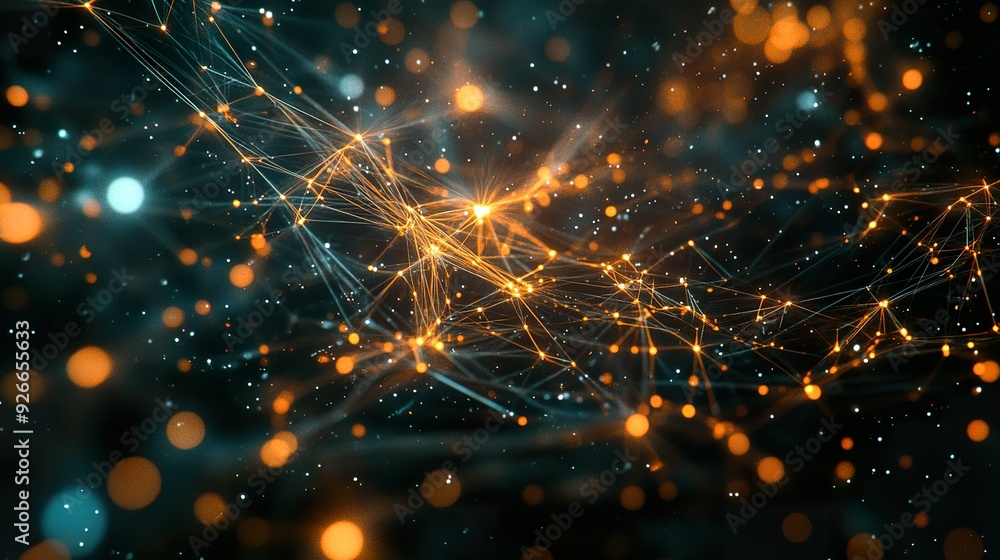 Poster an abstract representation of a digital network mesh, with interconnected nodes and wires illuminate