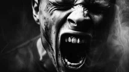 Black and white close-up of man screaming