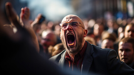 Man shouting in a crowded protest