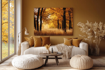 Modern Living Room with Sofa and Wall Art in Rich Brown, Golden Yellow, and Warm Beige Palette