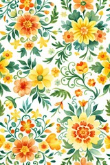 Floral wallpaper with cheerful yellow and orange flowers.