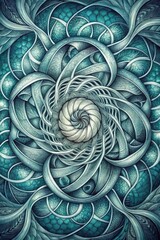 Abstract spiral pattern with turquoise and silver tones.