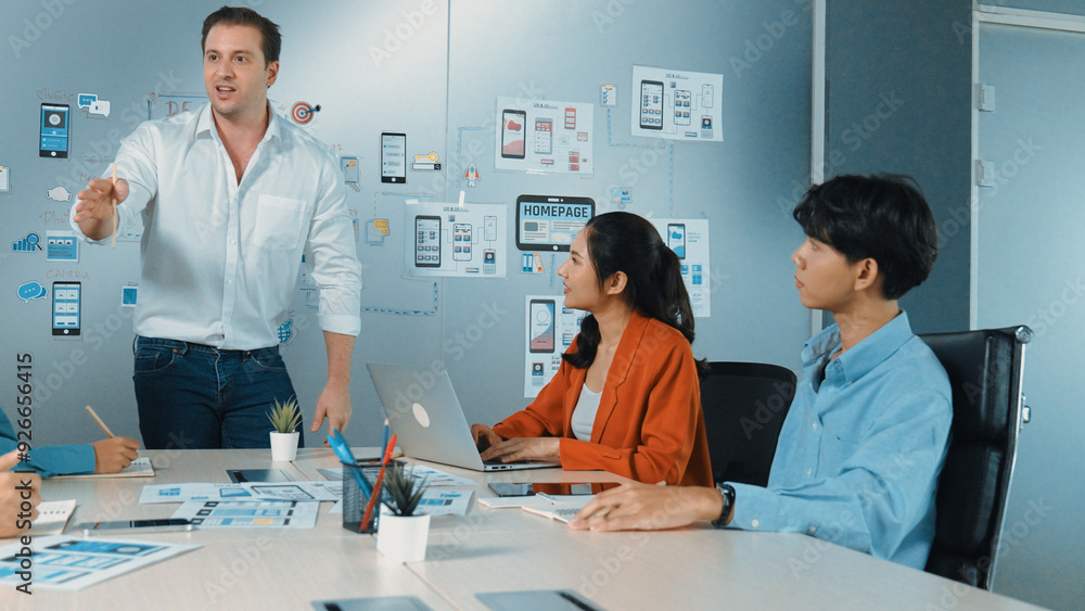 Poster group of professional business people discuss about using ux and ui design. cooperative diverse busi