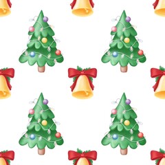 Watercolor festive seamless pattern for Christmas and New Year.Holiday illustration.Holiday packaging.Christmas tree decor.Print for gifts.