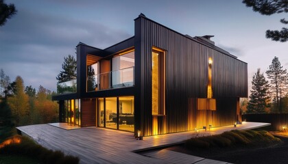 Fototapeta premium Modern Black and Wooden House Exterior Design with Yellow Lights
