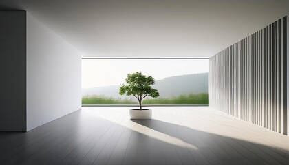 Obraz premium Modern White Minimalist Interior Design with a View of a Small Tree