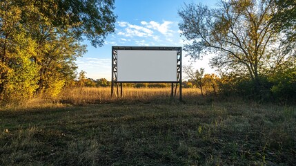 Blank billboard in a grassy field surrounded by trees.