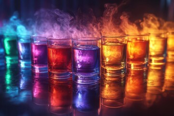 mesmerizing array of vibrant shot glasses on mirror surface rainbowhued liquids topped with wisps of colorful smoke dramatic backlighting creates prism effect festive and artistic bar scene