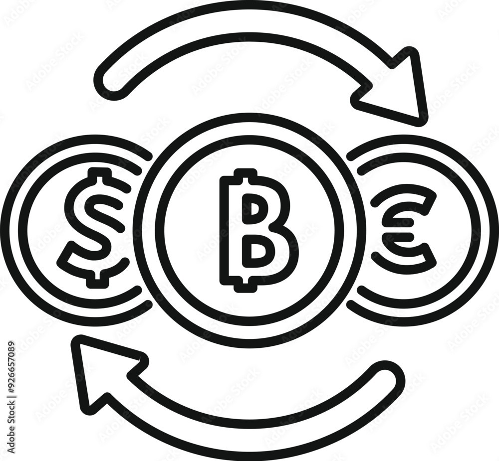 Poster cryptocurrency exchange concept with arrows showing converting process between bitcoin, dollar and e
