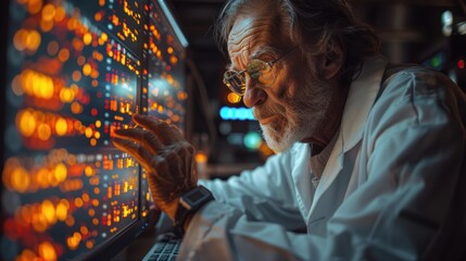 Scientist analyzing data in a dimly lit laboratory at night