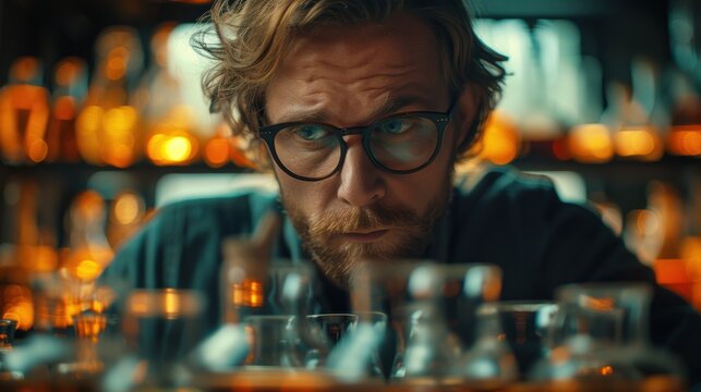 Scientist analyzing chemical reactions in a lab filled with glassware during twilight hours - Powered by Adobe