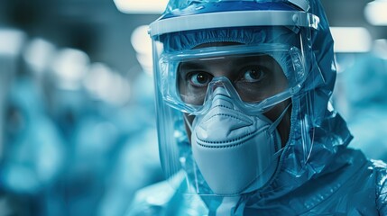 Healthcare worker in full protective gear at a medical facility during a pandemic response