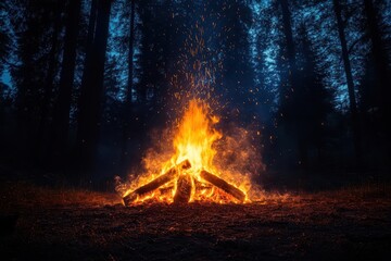 mesmerizing bonfire with swirling embers against starry night sky warm orange glow illuminates surrounding pine forest long exposure captures trailing sparks