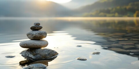 Serene landscape featuring stacked stones by a tranquil lake, reflecting peaceful nature and harmony at sunrise.