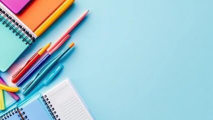 Colorful stationery on a blue background.