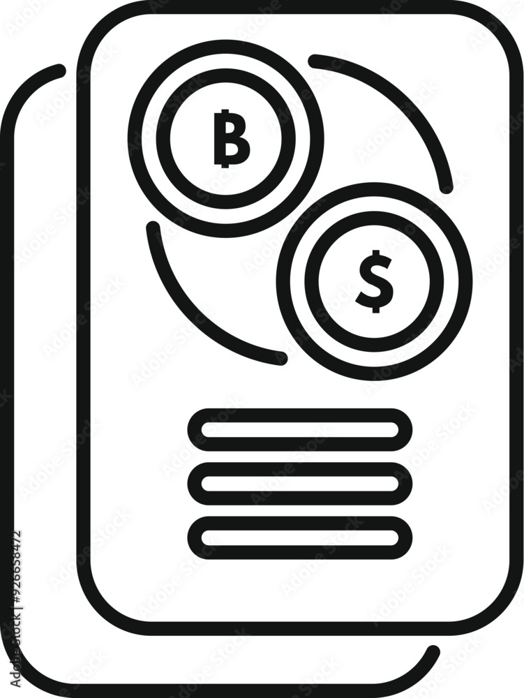 Poster line art vector icon of a smartphone displaying bitcoin and dollar coins with arrows, representing t