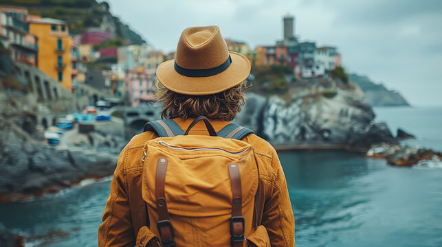 A man wearing a straw hat and a yellow jacket is standing on a beach with a backpack. The man is looking out at the ocean, and the scene has a peaceful and relaxing mood