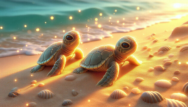 Cute colorful two baby Turtle print illustration, nature and ocean background. Generative AI.