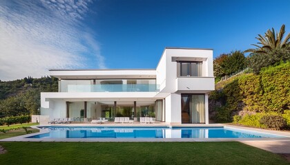 Modern White House with Swimming Pool and Large Windows