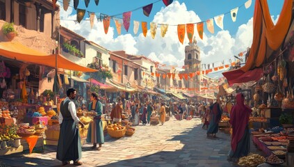 Obraz premium Busy market street with vendors and people.