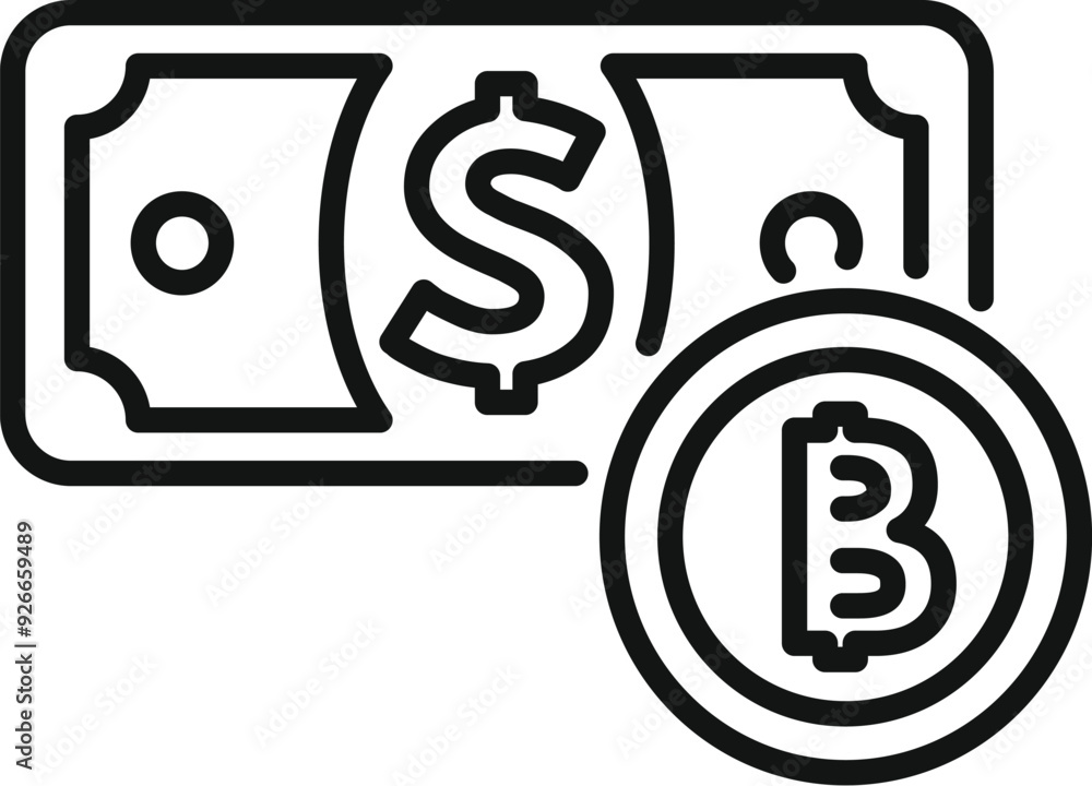 Poster line art vector icon concept of bitcoin replacing the dollar as a form of currency