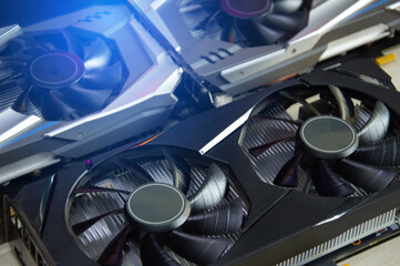 Powerful video graphic card close up, GPU coolers in computer