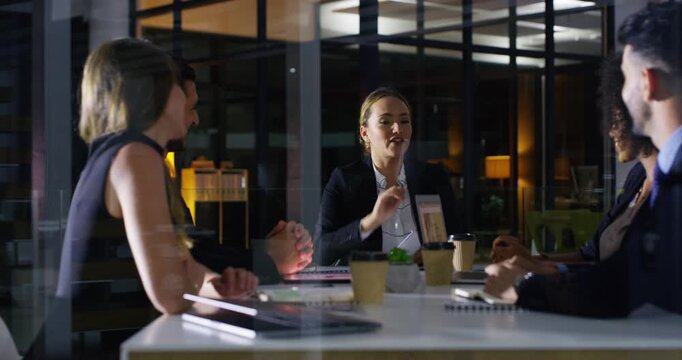 Business people, night meeting and manager planning, teamwork or documents for revenue proposal in office window. Professional woman, men or group with paperwork for budget, finance and taxes review
