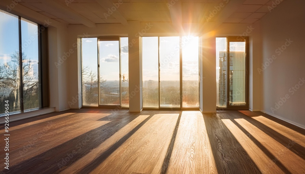 Poster sunlight streaming through large windows in empty apartment