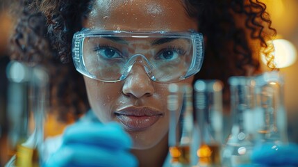 Young scientist conducting experiments in a laboratory with glassware at work during the day