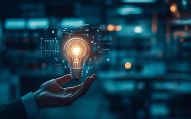 Hand holding a glowing light bulb with digital data.