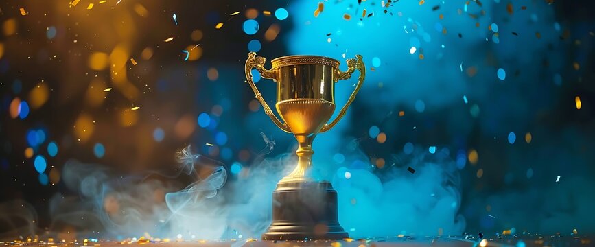 Golden trophy cup with confetti on a blue background.