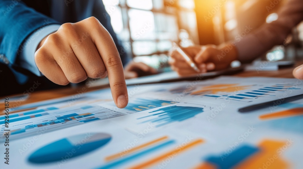 Poster business data analysis: close-up of hands pointing at charts and graphs during a strategy meeting.