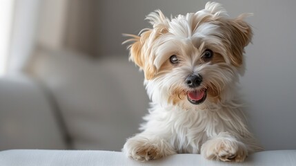 studio portrait of small cute black white and brown mixed breed rescue dog sitting and looking forward wearing a bowtie against a white background